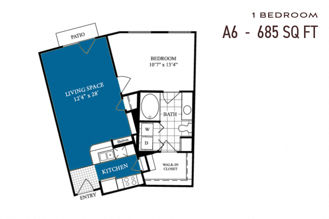 Floor plan for 1 bed, 1 bath, 685 sqft